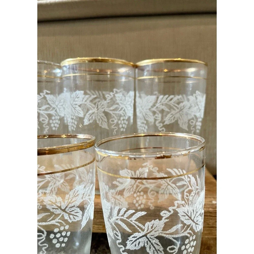 Vintage Bartlett Collins 806 Grapevine Frosted Tumblers Gold Rim Set of 7